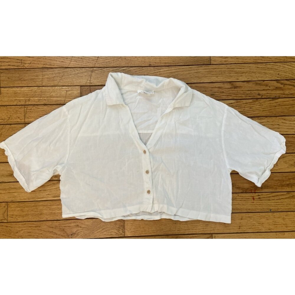 Kirious Los Angeles Crop Top Rayon Linen Button Up Collard White Beach Blouse L